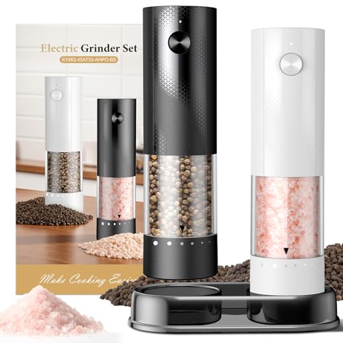 Electric Salt and Pepper Grinder Set - Rechargeable Automatic Salt and Pepper Shakers, Kitchen Appliances with External Adjustable Coarseness, Larger Hopper for Cooking, Home Gifts(2 Pack,Black/White)