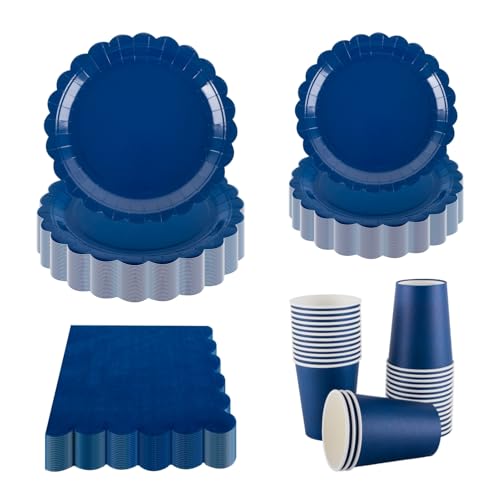 PHUNAT Navy Blue Party Tableware Set for 30 Guests - 7 inch/18cm & 9 inch/23cm Paper Plates, Napkins & Cups - Party Supplies for Birthday, Wedding, Anniversary, Christmas