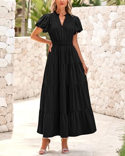 dowerme Womens Summer Dresses 2025 Casual Puff Sleeve V Neck Smocked Waist A-Line Tiered Maxi Prom Dress with Pockets2