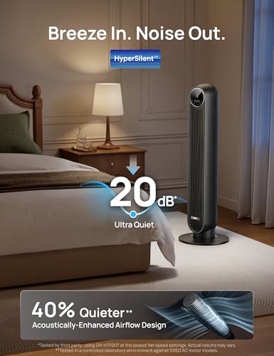 Image of DREO Tower Fan for Bedroom, 2026 Upgraded DC Motor, 28ft /s High Velocity, 20dB Ultra Quiet Standing Fan, 8 Speeds 4 Modes, 90 Oscillating Bladeless Fan for Indoors, Floor Fans with Remote, Black