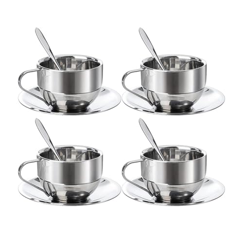 4-Pack Stainless Steel Coffee Cup Set, Stainless Steel Mug with Spoon and Saucer, Double Wall Coffee Cup for Coffee, Latte, Tea, Milk, Suitable for Office, Coffee Shop, Home