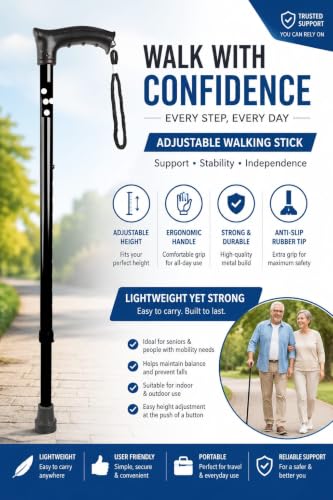 Image of Single Leg Quadripod Walking Stick for Elderly Men & Women | Adjustable Height Lightweight Walking Cane | Anti-Slip Single Leg Stick | Walking Support for Senior Citizens, Patients & Disabled