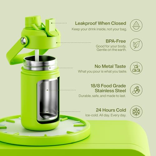 Image of Kids Insulated Water Bottle with Straw - 12oz Stainless Steel Water Bottle with Dual Spouts, Leak-Proof, BPA-Free, Double Wall Vacuum Keeps Cold for 24 Hours for Sports, Travel, School (Sharp Green)