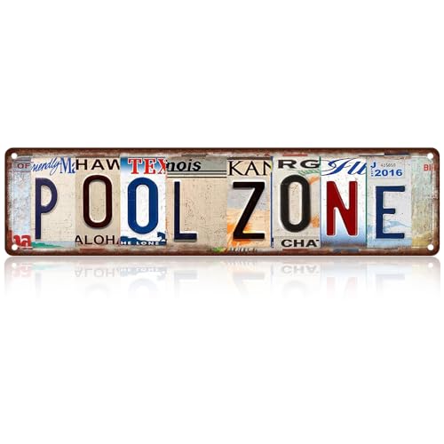 Vintage License Plate POOL ZONE Sign – 16x4 Inch Rustic Tin Wall...
