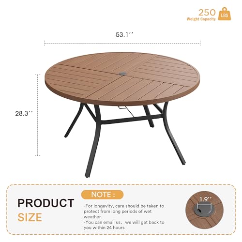 Image of VICLLAX Round Patio Table with Adjustable Umbrella Hole for 8, All Weather Metal Outdoor Dining Table for Lawn Garden, 53.1 inch Outdoor Coffee Table, Walnut Wood-Like Tabletop