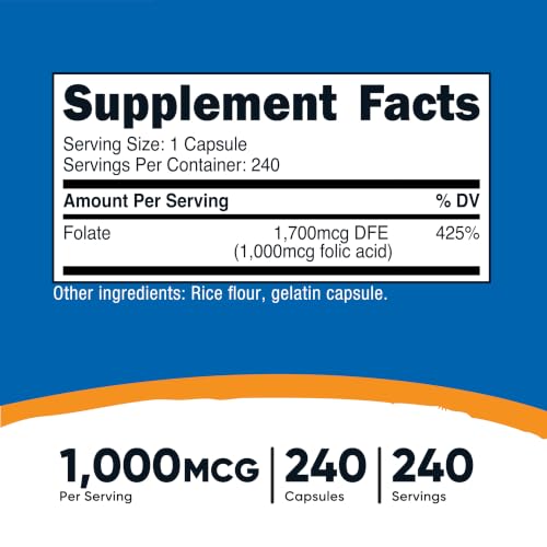Image of Nutricost Folic Acid (Vitamin B9) 1000 mcg, 240 Capsules