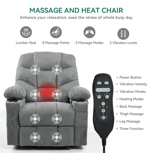 DWVO Power Lift Recliner Chair with Massage & Heat, Modern Fabric Recliner Chair, Spacious Fabric Seat, USB Ports, Cup Holders & Remote Control for Living Room, Light Gray
