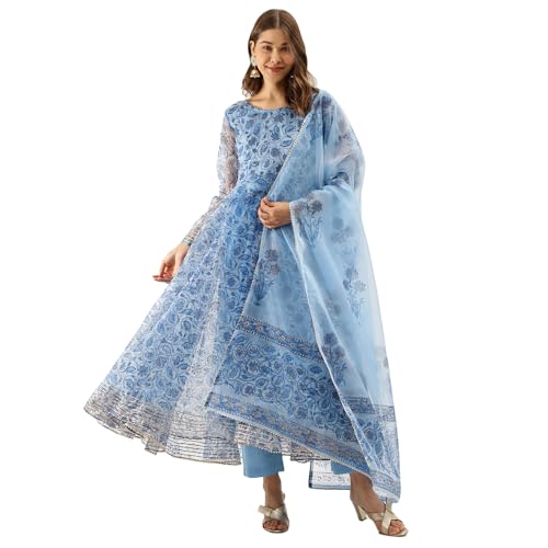 Image of Divena Blue Floral Print Organza Anarkali Kurta set with Dupatta