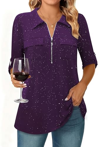 Bulotus Sequin Tops for Women Long Balloon Sleeve V Neck