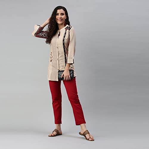 Image of SheWill Cotton Blend Stripe Print Embroidered A-Line Tunic