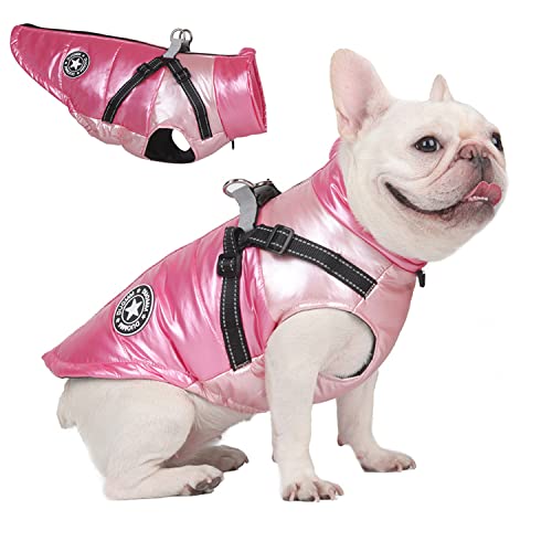 Hdkuw Dog Cold Weather Coat With Harness, Waterproof Warm Dog Glossy Jacket, Adjustable Reflective Vest Raincoat For Small Medium Large Dogs Pink L #TOP9