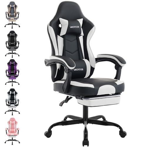 WOTSTA Gaming Chair Computerstuhl Ergonomischer Gaming Stuhl mit Fußstütze Bürostuhl Ergonomischer Computerstuhl mit Lendenwirbelstütze SchwarzWeiß