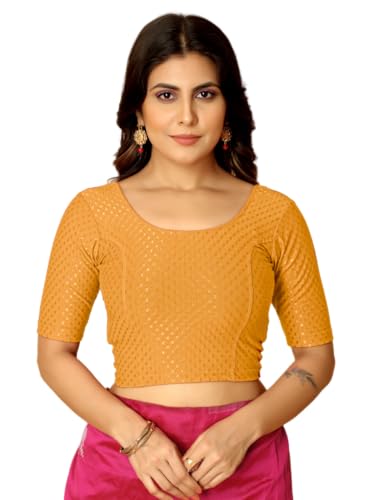 Image of Amazon Brand - Anarva Round Neck Dobby Cotton Lycra Stretchable Elbow Half Sleeve Readymade Saree Blouse for Women Stylish