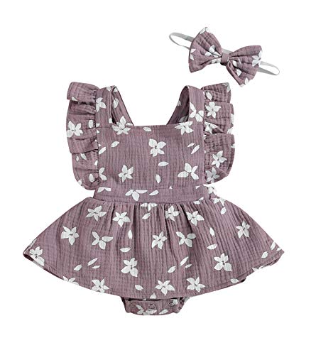 Image of Baby Girls Floral Cotton Leotard Romper Newborn Daisy Playsuits Ruffled Sleeve Onesie Infant Jumpsuit Clothes Headband