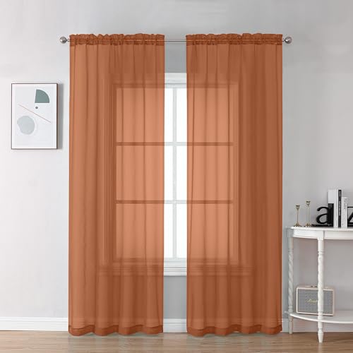 Image of Chyhomenyc Orange Sheer Curtains 72 Inch Length 2 Panels, Light Filtering Soft Airy Rod Pocket Voile Window Curtain Drapes for French Door Bedroom Living Room, Each 42Wx72L Inches