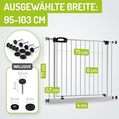 BOMI TÜV GS Siegel Kindertreppen Gitter XXL Merle | Ohne Bohren | 90° Stop | Schließt automatisch | Türschutzgitter weiß Metall | Treppenschutzgitter Türgitter Klemmgitter | Breite: 95-103 cm