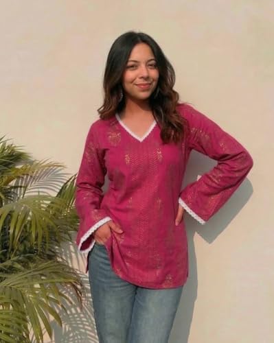 Image of ANNI Designer Short Kurti for Women Printed Design | V Neck Full Sleeve Kurti Tops for Women | Stylish Kurtis & Short Kurtis for Woman | Kurti with Jeans Casual Wear | Kurtas for Woman