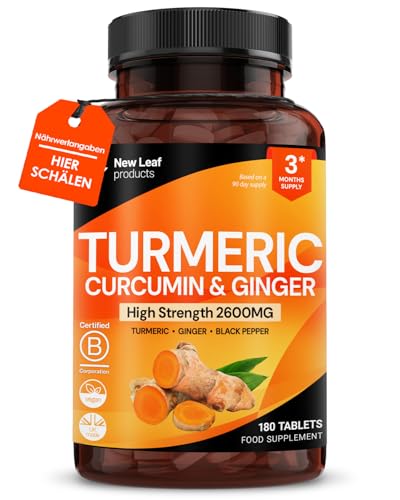 Kurkuma Tabletten Hochdosiert 2600 mg mit Schwarzem Pfeffer und Ingwer – 95 % Curcumin-Extrakt – 180 Tabletten (3 Monate) Hochwirksames Aktives Pflanzliches Ergänzungsmittel Kurkuma, von New Leaf