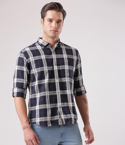 Image of TURMS Men's Casual Checks Shirts, Odor Control, Moisture Wicking, Button Down Collar, Cool Tech Cotton Fabric, Tailored Fit, Full Sleeve