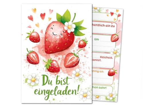 Junaversum 12 Einladungskarten zum Kindergeburtstag Mädchen Kinder Erdbeeren coole bunte Einladungen Geburtstag Geburtstagseinladungen Kids