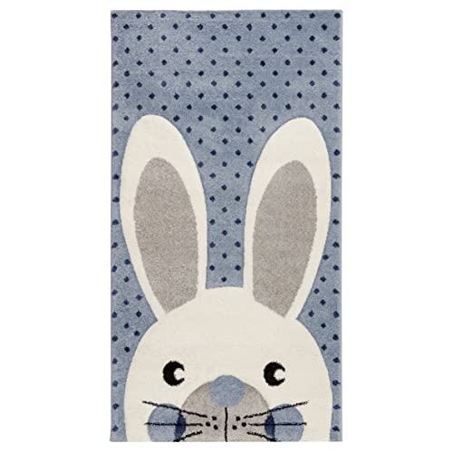 Baroni Home Alfombra Suave para Habitación Infantil, Alfombra Moderna de Pelo Corto, Alfombra de Colores Pasteles para Habitación Infantil, Lindo Conejo Azul, 80x150 cm