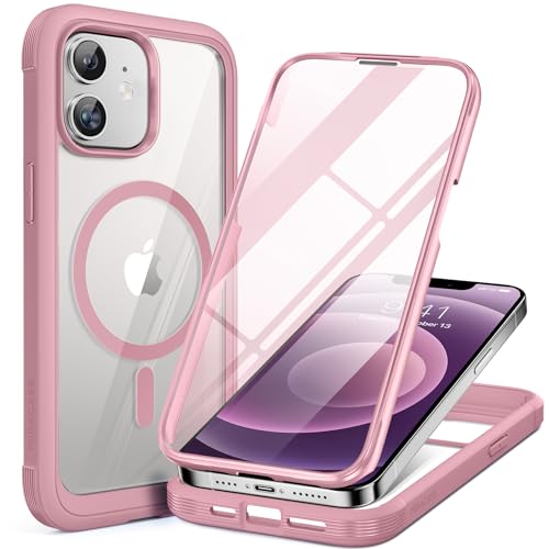 Image of Miracase Glass Series Designed for iPhone 12 /12 Pro 6.1 Inch, Upgrade Full-Body Magnetic Case with Built-in 9H Tempered Glass Screen Protector, with Camera Lens Protector, Magnetic Pink