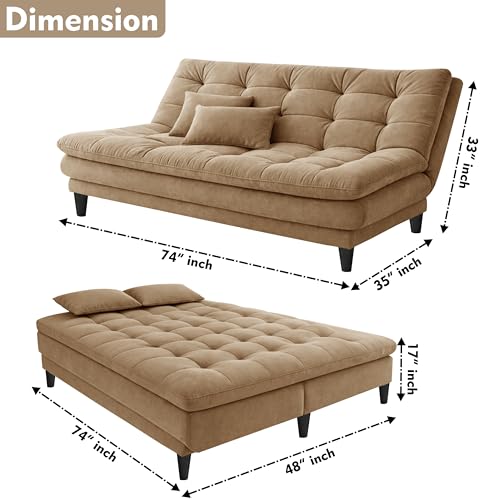 Image of Modern 3 Seater Sofa Cum Bed | Tufted Backrest | Velevt Fabric Upholstery | Living Room Furniture-Golden
