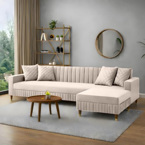 Image of AMATA Omega Solid Wood 4 Seater L Shape Cream Suede Velvet Fabric Sofa Set with Four Cushions Perfect for Home Office Guests Living Room (03 Cream, Omega L Shape 4 SSEATER)(3 Year Warranty)