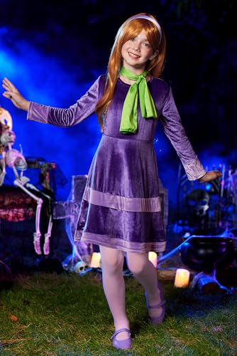 BesserBay Halloween Girls 6Pcs Purple Velvet A-Line Dress with Wig Scarf Headband Tights Set 4-14 Years3