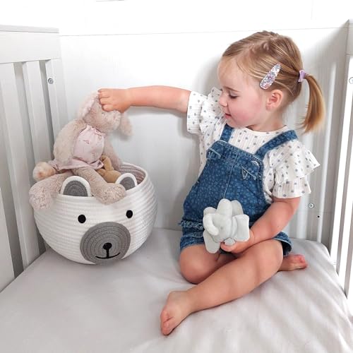 Image of CherryNow Cotton Rope Baby Basket for Nursery, Bear Gift Baskets for Kids, Empty Baby Shower Basket with Handles, Small Cute Animal Baskets, White, 10.5 inchD x 8.5 inchH