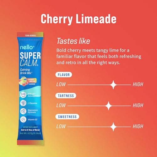 Image of Nello Supercalm Powdered Drink Mix, Cortisol Reducer* and Sleep Aid Supplement, L Theanine, Ksm-66 Ashwagandha, Magnesium Glycinate, Vitamin D 3, No Sugar, Non GMO, On The Go, 20 Ct, Cherry Limeade