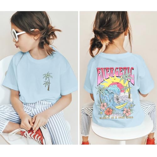 Image of KEEVICI Cute Girls Graphic Tees Beach Kids Hawaiian T Shirt Summer Cotton Letter Print Short Sleeve Shirts Vacation Tops