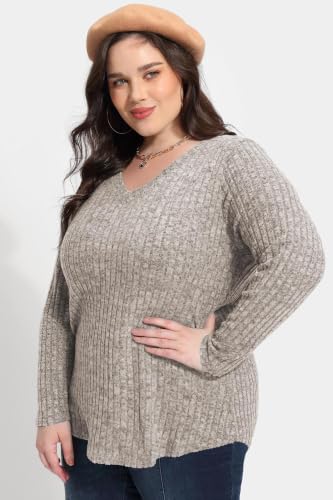 Image of RITERA Plus Size Sweater, Ribbed Long Sleeve Solid Top for Women | Soft vertical ribbed knit, modest V neck, loose long sleeves, curved swing hem, slimming casual layering top for curvy women