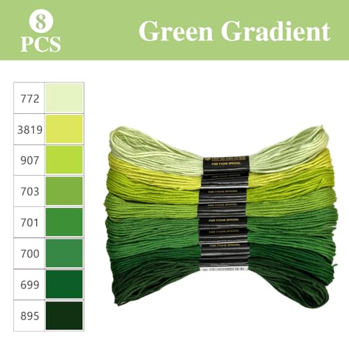 Image of 8 Shades Green Gradient Embroidery Thread Set - 8 Meters Each for Hand Embroidery Sewing Crafts (Mint to Forest Ombre)(67977)