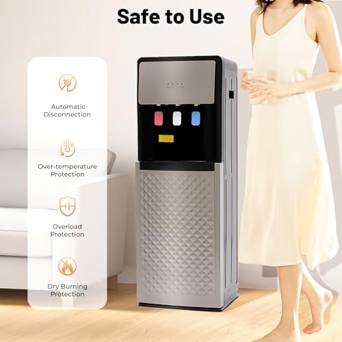 Bottom Loading Water Cooler Dispenser for 5 Gallon Bottles - 3 Temperatures with Hot, Room & Cold Spouts, Dry Burning Protection,Overload Protection, Water Dispenser for Home, Office - Silver Grey - Thumbnail 7