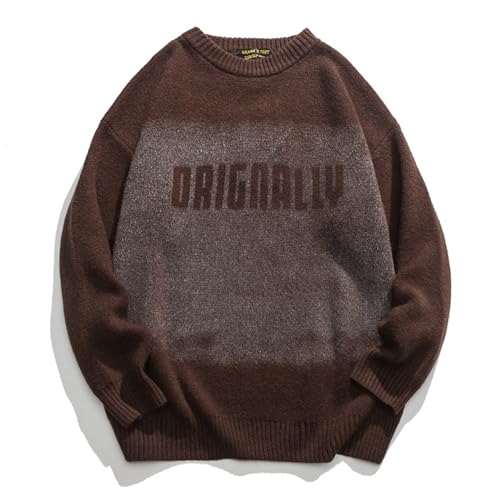 Pull tricoté pour hommes coupe unie marron taille XL ample style rétro