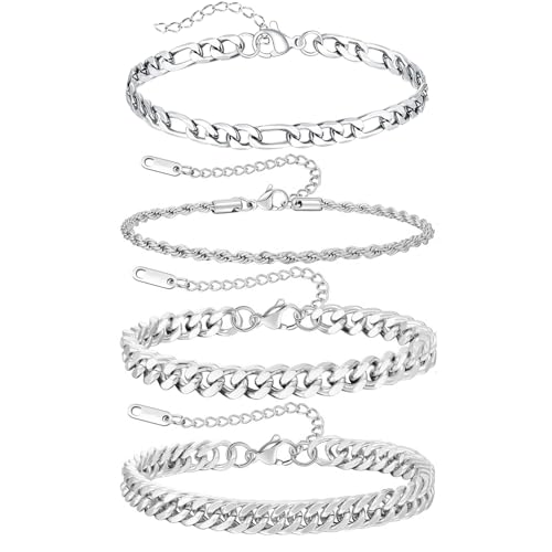 HTTDSLF 4Pcs Pulsera Hombre de Plata, Hombres Pulsera de Cadena de Eslabones, Brazalete Cubana Cadena, Bracelet, Joyería Regalos para Papá Esposo Hijo Chico Novio, Regalo para Día del Padre, 21cm