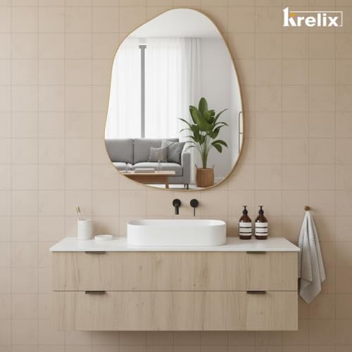 Image of 12x18 Inch Gold Irregular Asymmetrical Wall Mirror - Modern Plastic Frame, Decorative Wall-Mounted Mirror for Bathroom, Bedroom, Living Room & Entryway(Gold, Pebble)
