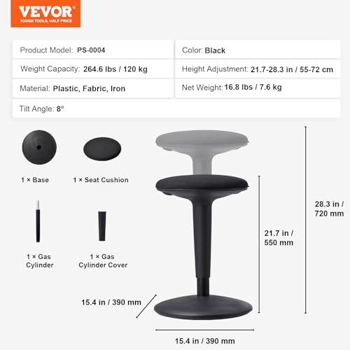 Image of VEVOR Wobble Chair, Height-Adjustable (21.7-28.3 inch) Active Chair, Flexible Seating Wobble Stool Made of Iron Improves Focus & Posture, Ideal for Schools, Office and Home, 8 Tilt Angle, Age 12-18