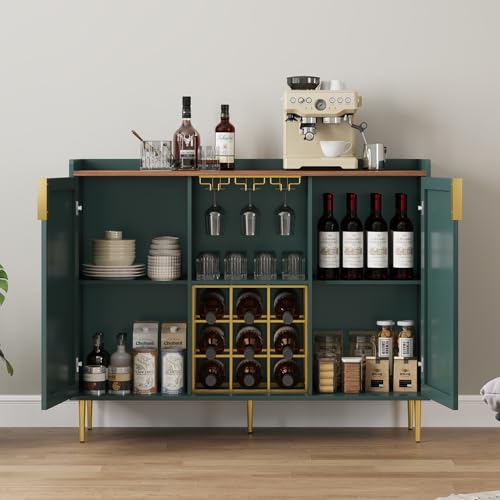 Image of ARTPOWER 48 inch Wine Bar Cabinet with Fluted Texture, Modern Buffet Sideboard with Wine Rack and Glass Holder, Liquor Coffee Station with Storage for Kitchen, Living Room, Home Bar, Green