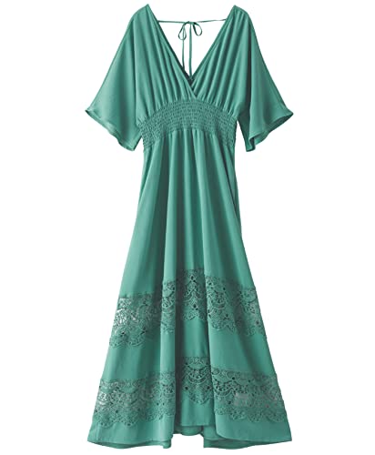 Image of Olaesa Boho Maxi Dress V Neck Short Sleeve Lace Smocked Waist Flowy Dress | Wedding Guest Dress with Pockets, Summer Bohemian Vacation Dress, Elegant Party Dress for Family photo& Baby Shower