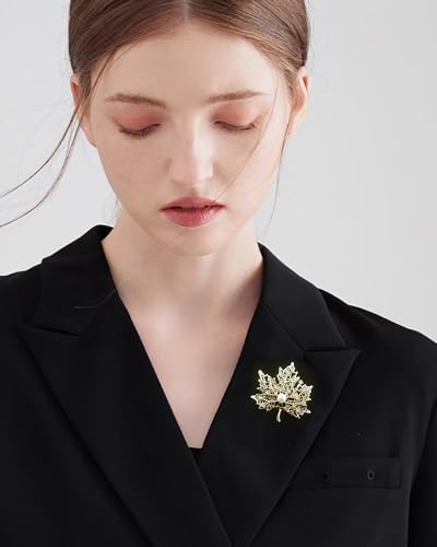 Image of Fashion Maple Leaves Crystal Brooch for Women Men Pearl Gold-Tone Plated Leaf Flower Brooches Rhinestone Lapel Pin Brooch Court Wedding Party Autumn Fall Thanksgiving Accessories Jewelry Gifts Decoration