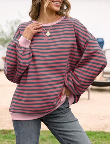 Image of UEU Women Oversized Striped Crewneck Sweatshirt Long Sleeve Color Block Pullover Tops Casual Loose Workout Shirt