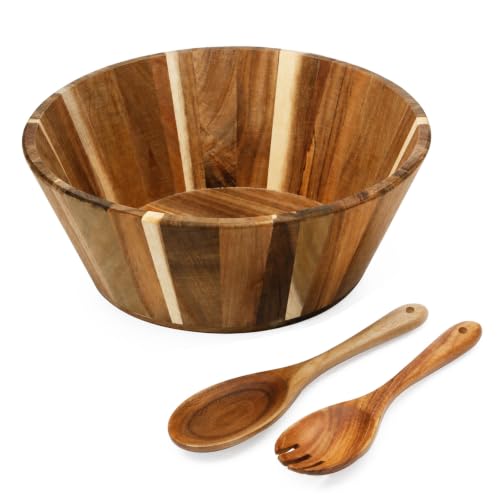 Bofanze Saladier en Bois D'acacia Grand Saladier Salade de Fruits Bol en Bois Décoratif Bol de Service en Bois Bol en Bois Naturel Saladier Rond en Bois pour...