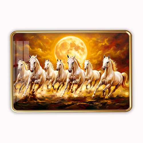 Image of Dharvika Innovations 7 Running Horses Photo Frame, Ultra High Gloss Lamination, Vastu Painting for Living Room, Office, 12x18 Inch (Design 10)