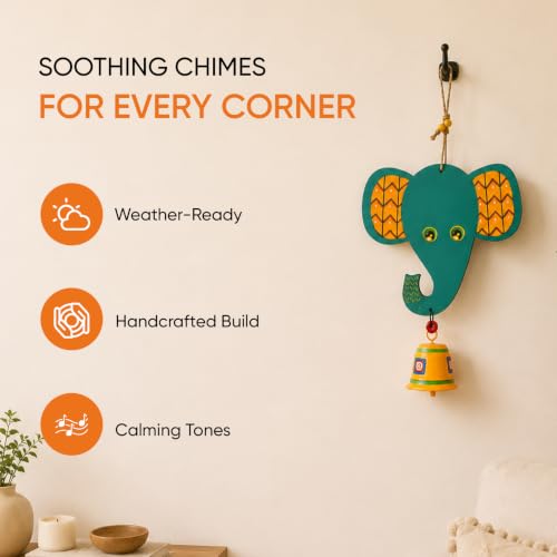 Image of Aakriti Art Creations Happy Elephant Wind Chime | Handmade Modern Art Wooden & Metal Wind Chime | Outdoor & Indoor Decorative Wind Chimes for Balcony, Garden, Living Room & Gifting