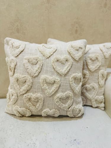 Image of Furnistitchs Premium Decorative Throw Cushion Pillow Cover Boho Home Decor - Living Room Bedroom Couch Sofa Cushion Covers 16 inch x 16 inch (2, Cream Hearts)