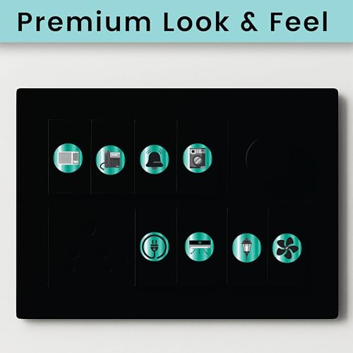 Image of Metallic Colour Switch Board Stickers for Home | 330 Labels with 22 Icons for Fan Light AC Fridge | Elegant Electric Switch Stickers for Button Labeling | Modular Switch Panels (Cyan)