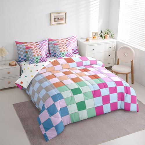 Image of Erosebridal Colorful Buffalo Plaid Full Comforter Set 7 Piece Geometric Grid Checkered Bedding Set Rainbow Ombre Checkerboard Bed in A Bag for Kids Boys Girls Women,Groovy Aesthetic Bed Set