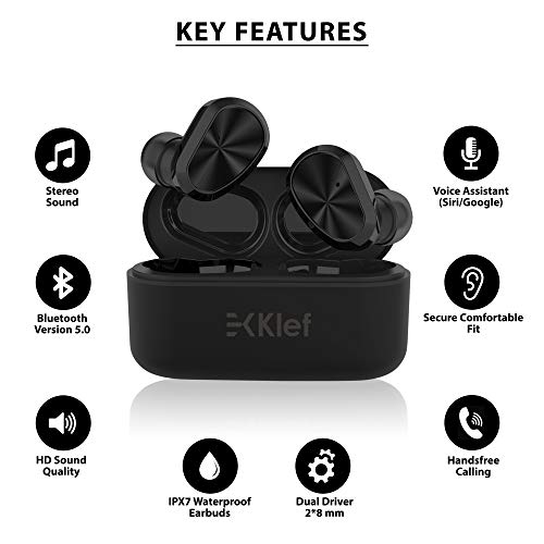 Image of Klef TWS True Wireless Bluetooth 5.0 Ipx7 in-Ear Headphones /Headset /Earphones with Handsfree Mic (Matt Black)